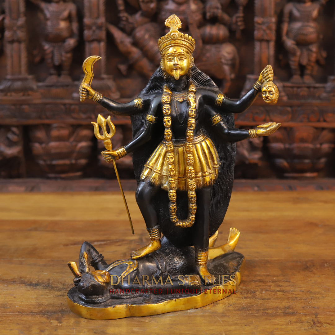 Brass Kali Idol, Standing on Lord Shiva's Chest, Black patina & Golden Finish 14"