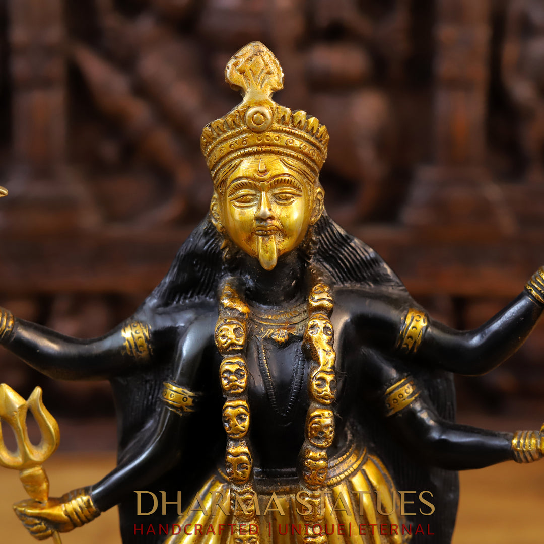 Brass Kali Idol, Standing on Lord Shiva's Chest, Black patina & Golden Finish 14"