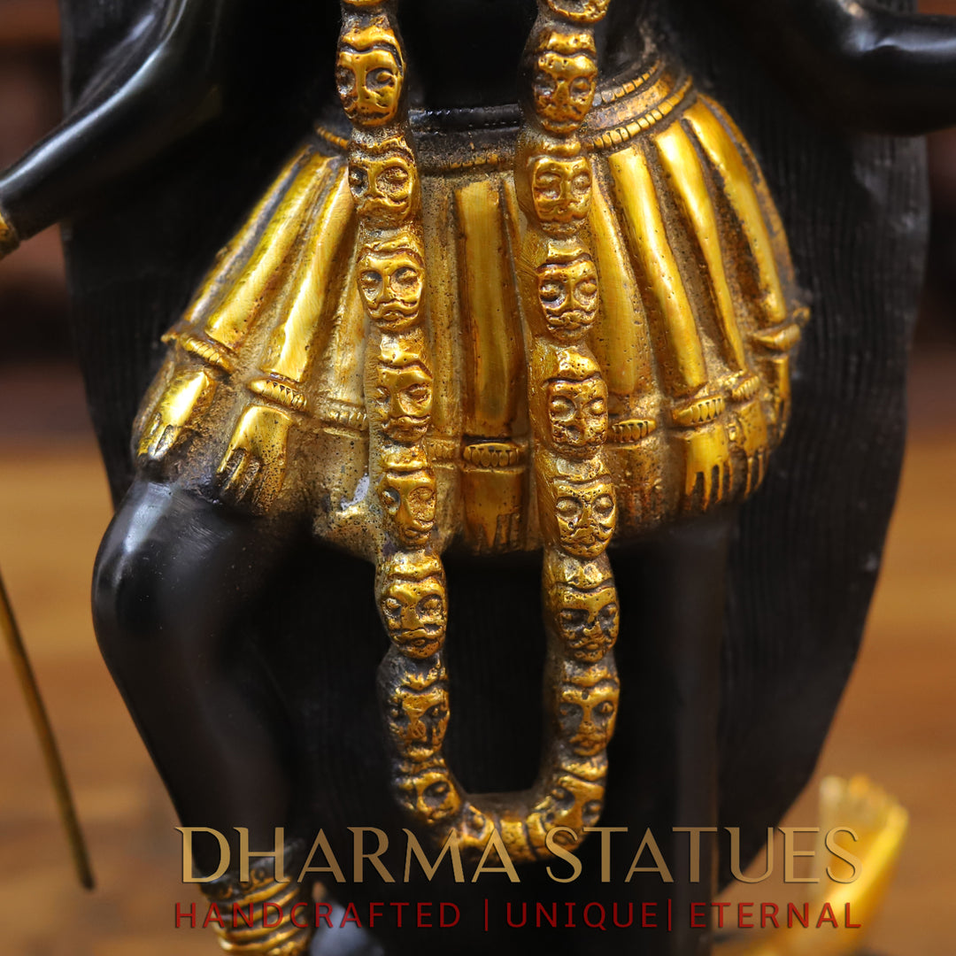 Brass Kali Idol, Standing on Lord Shiva's Chest, Black patina & Golden Finish 14"