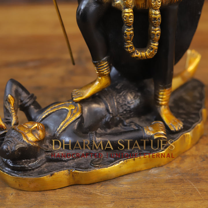 Brass Kali Idol, Standing on Lord Shiva's Chest, Black patina & Golden Finish 14"