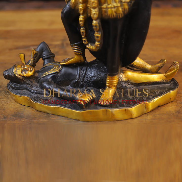 Brass Kali Idol, Standing on Lord Shiva's Chest, Black patina & Golden Finish 14"