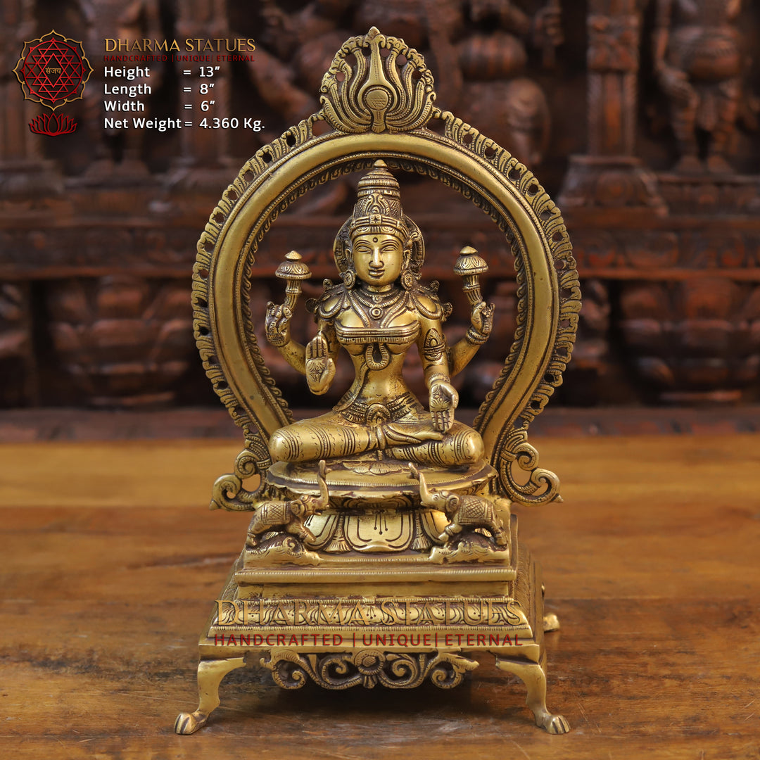 Brass Lakshmi Idol, Seated on a Throne, Fine Golden Finish 13" Front View