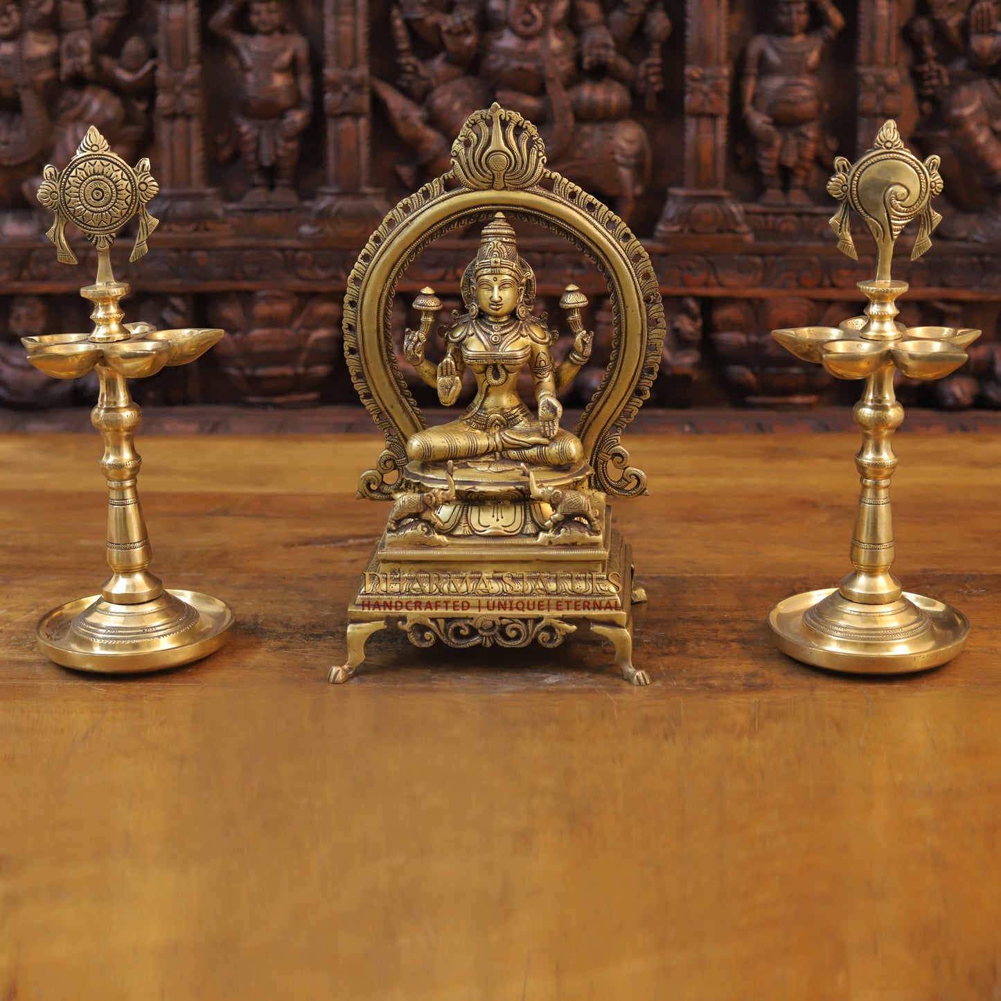 Brass Lakshmi Idol, Seated on a Throne, Fine Golden Finish 13"