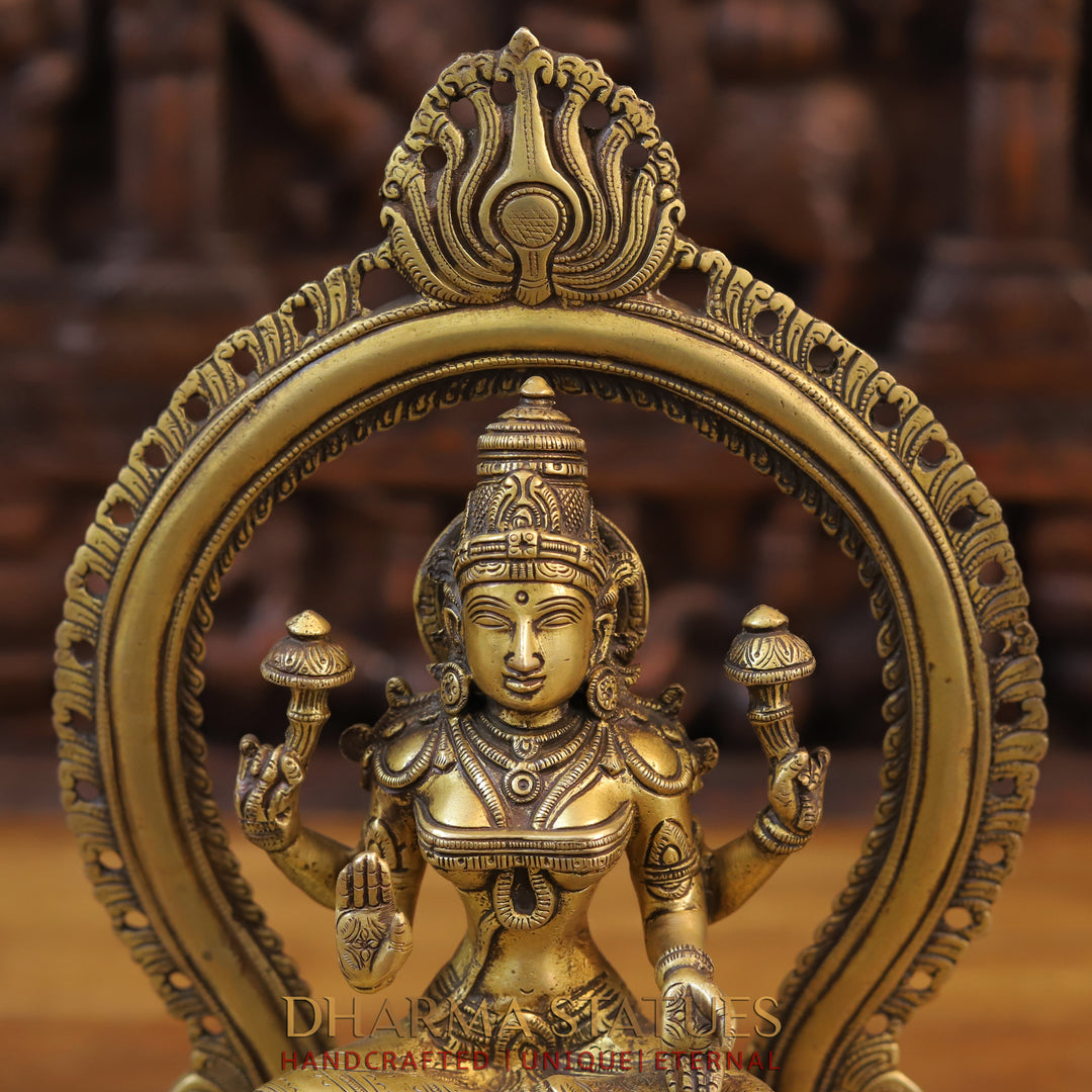 Brass Lakshmi Idol, Seated on a Throne, Fine Golden Finish 13"