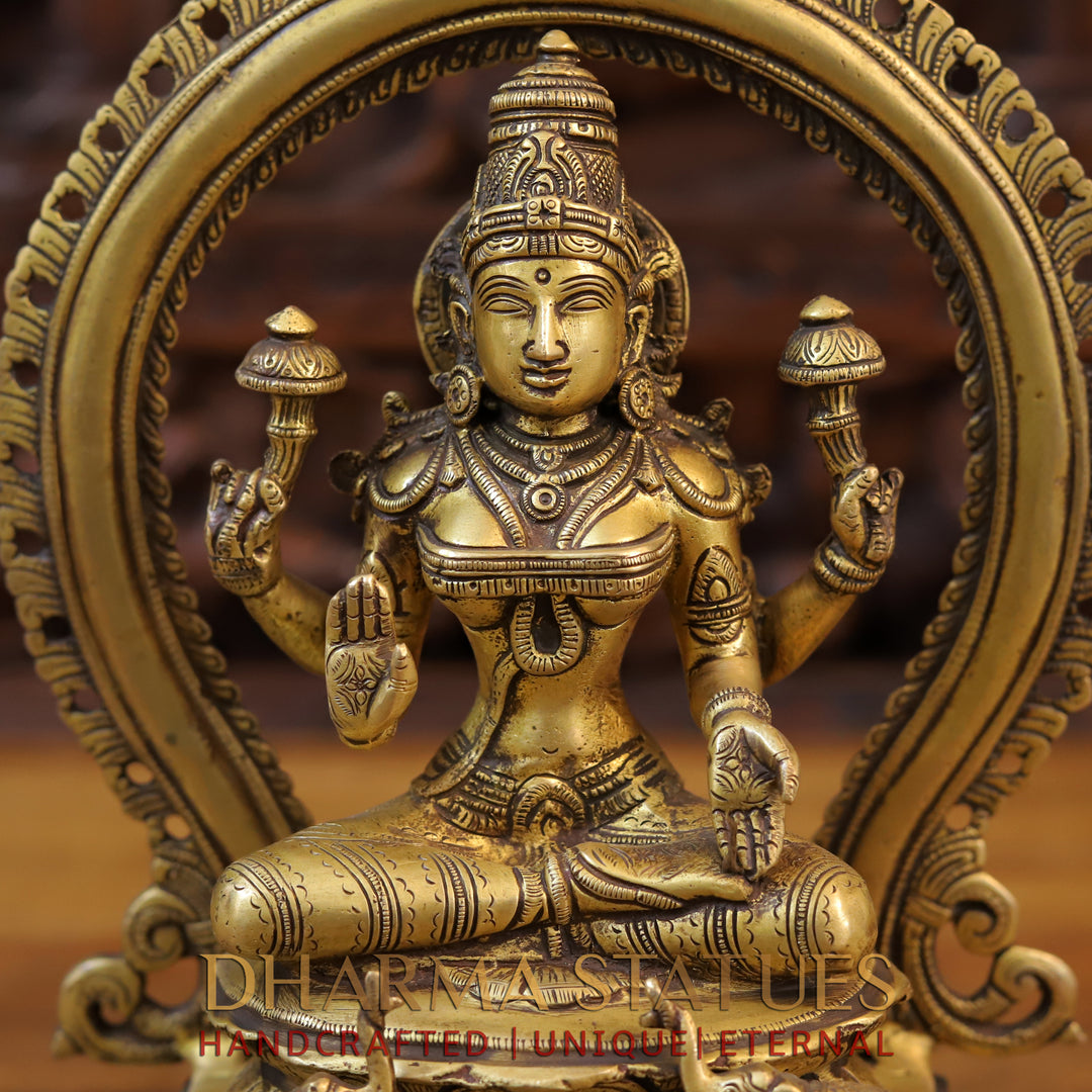 Brass Lakshmi Idol, Seated on a Throne, Fine Golden Finish 13"