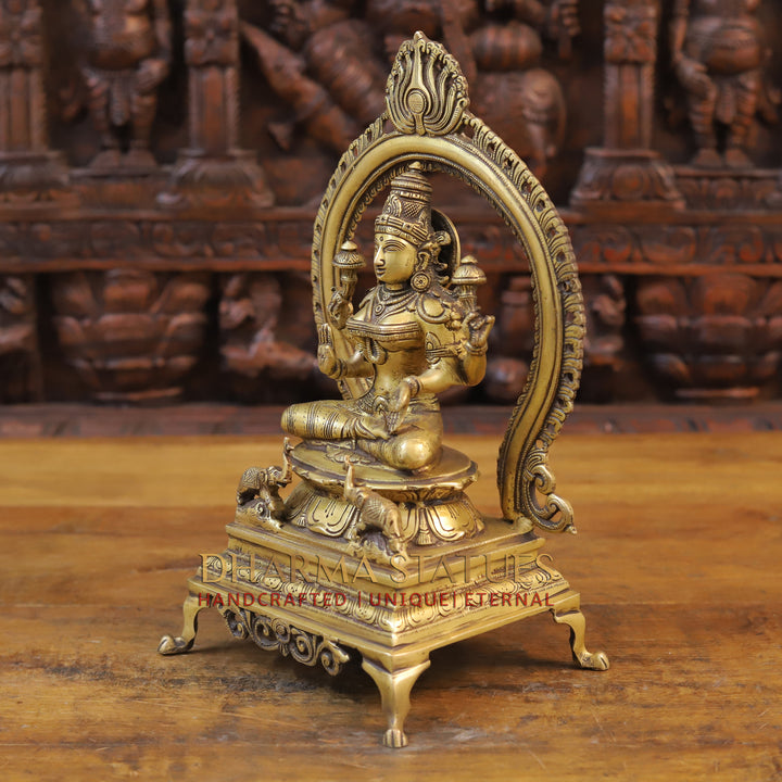 Brass Lakshmi Idol, Seated on a Throne, Fine Golden Finish 13"