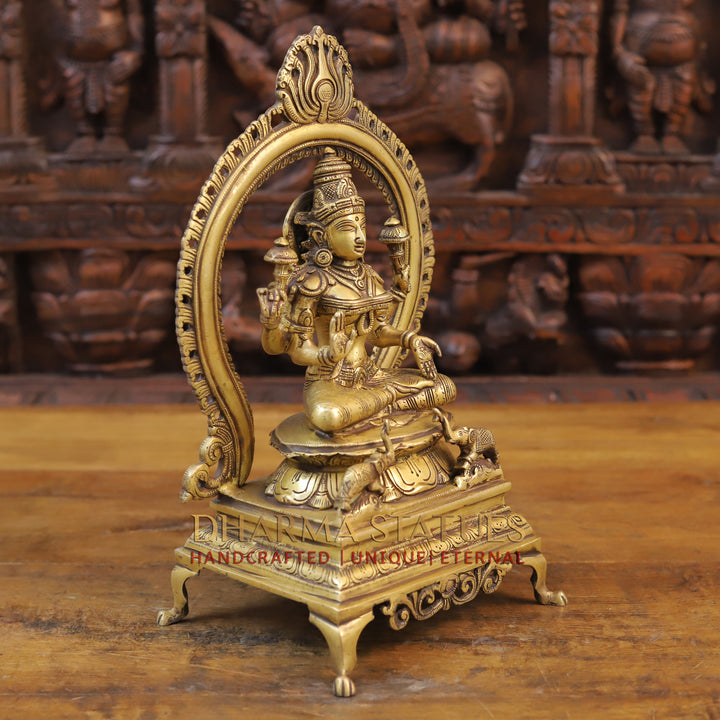 Brass Lakshmi Idol, Seated on a Throne, Fine Golden Finish 13"