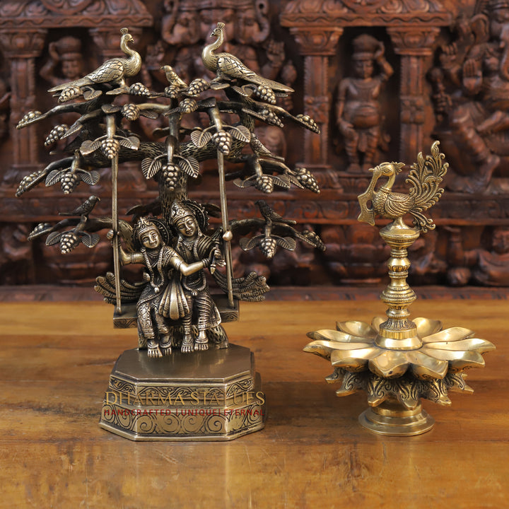 Brass Radha Krishna Idol, Swinging Under a Tree, Fine Golden Finish 17.5"