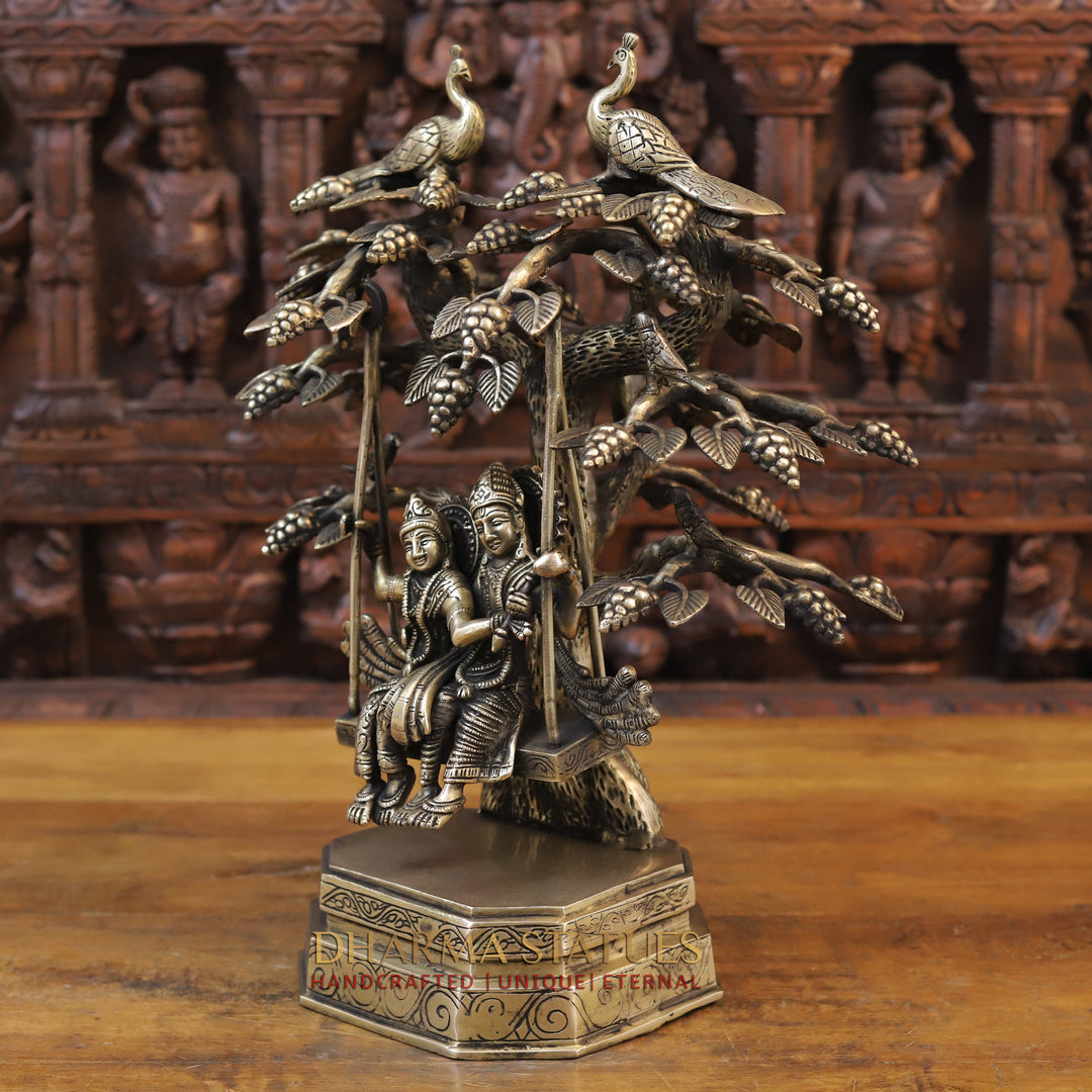 Brass Radha Krishna Idol, Swinging Under a Tree, Fine Golden Finish 17.5"