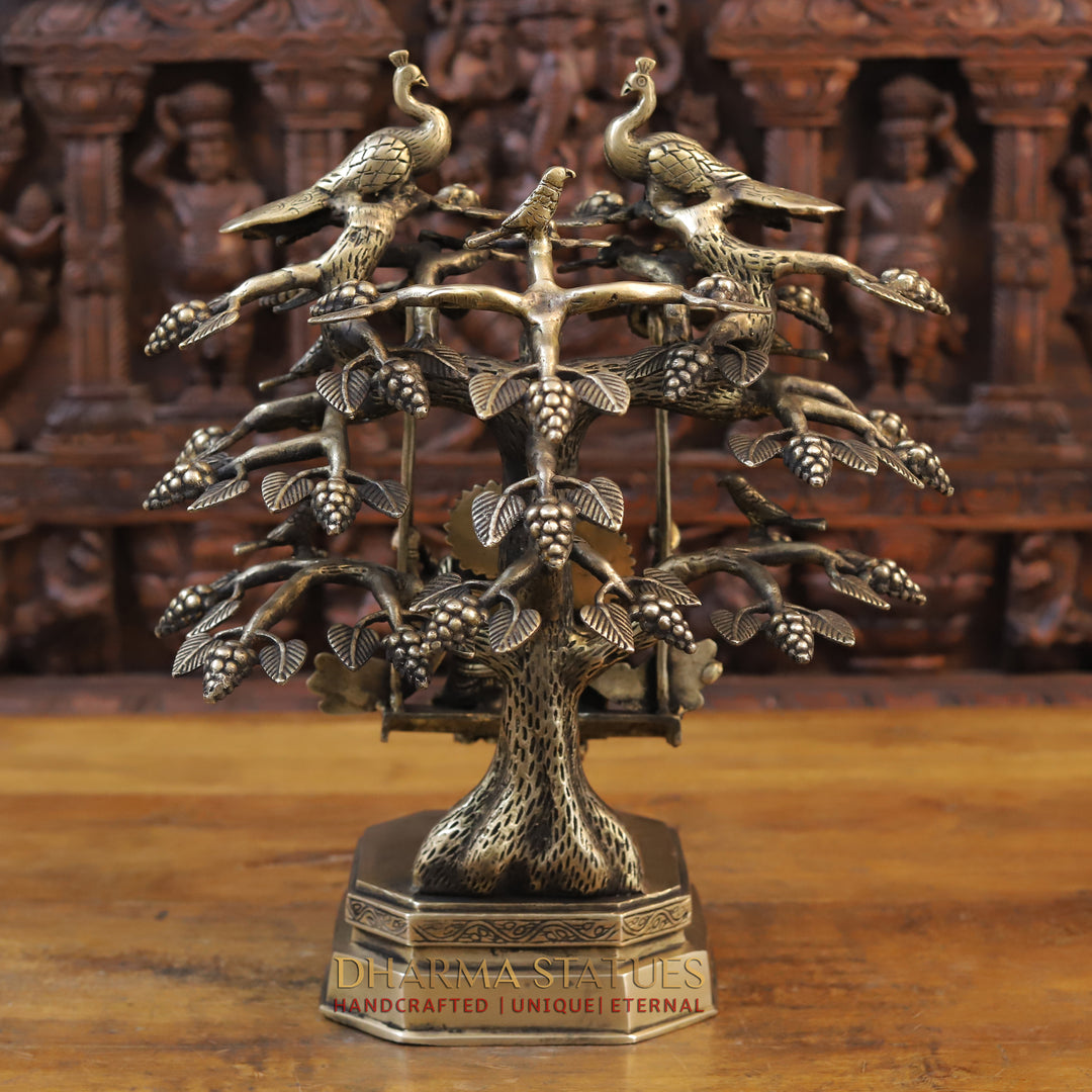 Brass Radha Krishna Idol, Swinging Under a Tree, Fine Golden Finish 17.5"