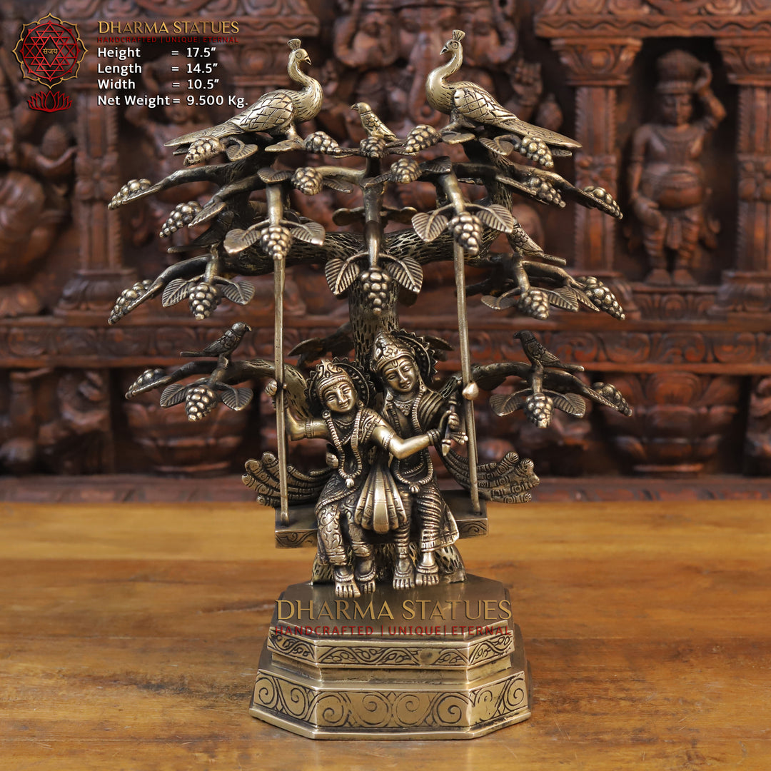 Brass Radha Krishna Idol, Swinging Under a Tree, Fine Golden Finish 17.5" Front View