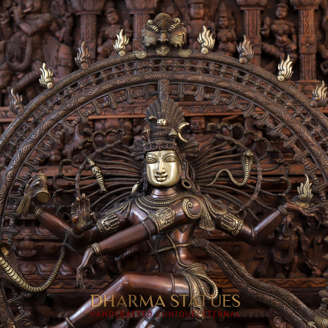 Brass Natraj Idol, Masterpiece of Divine Dance and Cosmic Energy, Copper with Golden Finish,  47.5"