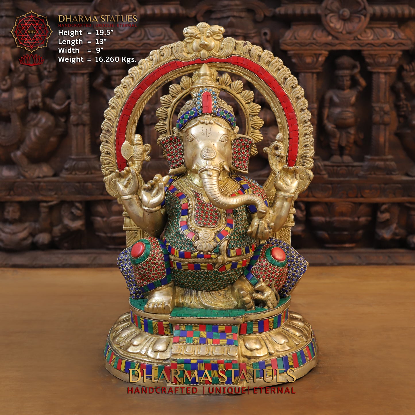 Brass Ganesh seated on Base with Frame, Blessing Position, Golden & Stonework, 19.5"