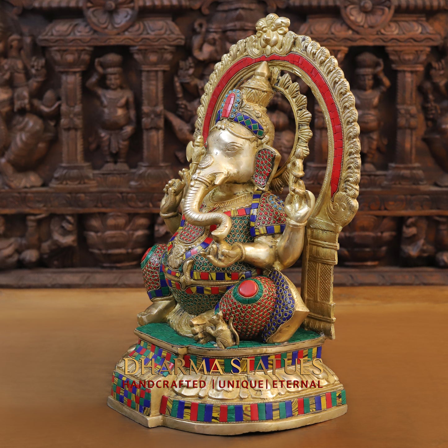 Brass Ganesh seated on Base with Frame, Blessing Position, Golden & Stonework, 19.5"