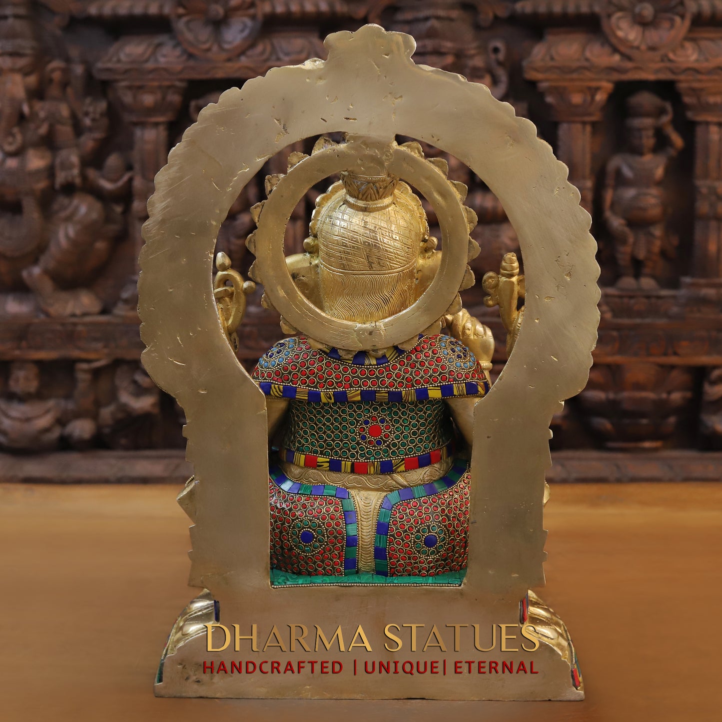 Brass Ganesh seated on Base with Frame, Blessing Position, Golden & Stonework, 19.5"