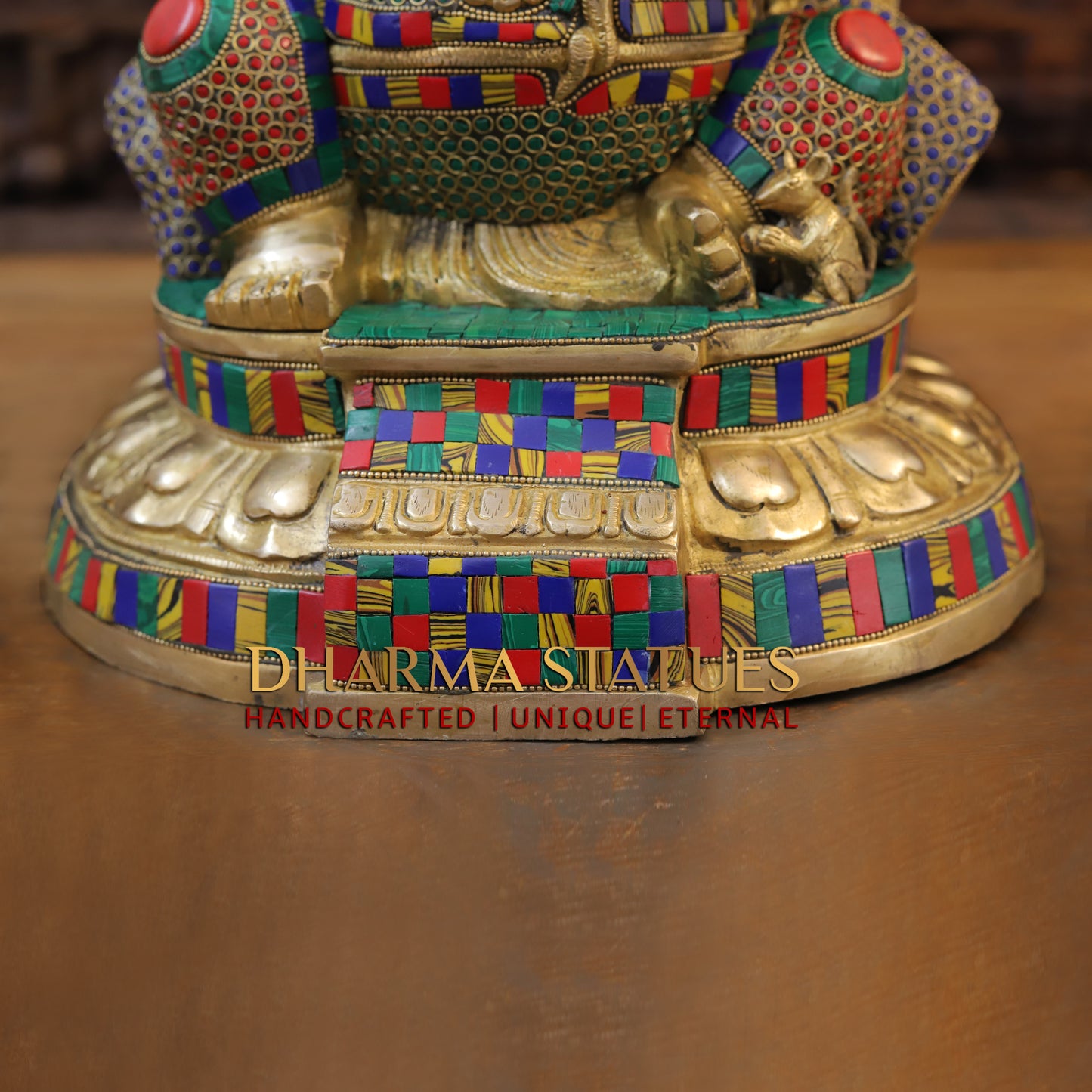 Brass Ganesh seated on Base with Frame, Blessing Position, Golden & Stonework, 19.5"