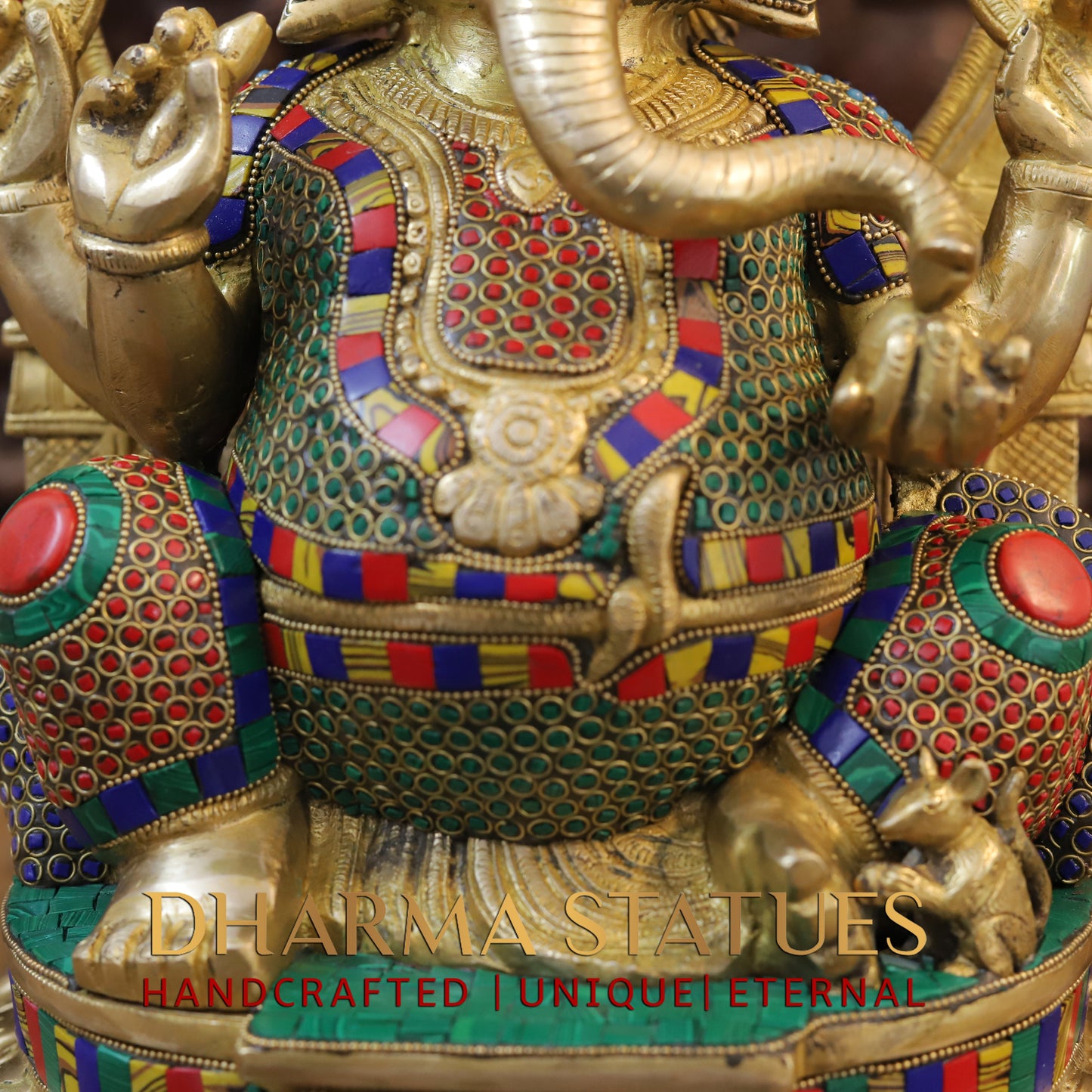 Brass Ganesh seated on Base with Frame, Blessing Position, Golden & Stonework, 19.5"