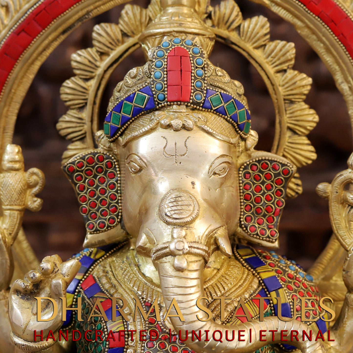 Brass Ganesh seated on Base with Frame, Blessing Position, Golden & Stonework, 19.5"