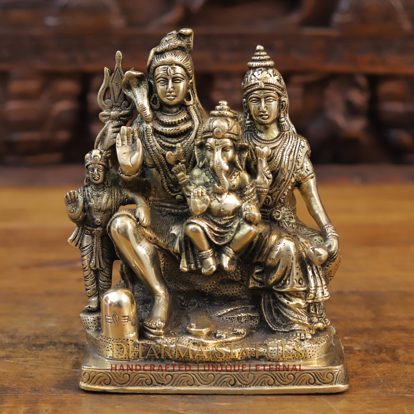 Brass Shiv Parivar Statue, Antique Golden Finish 8.5"