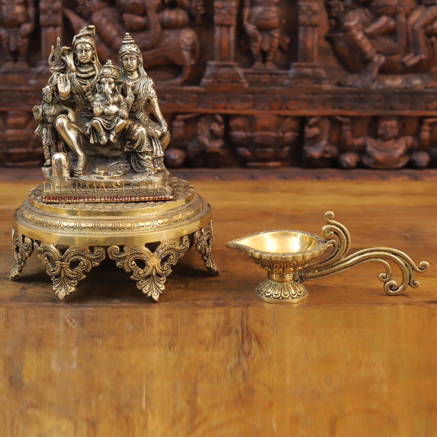 Brass Shiv Parivar Statue, Antique Golden Finish 8.5"