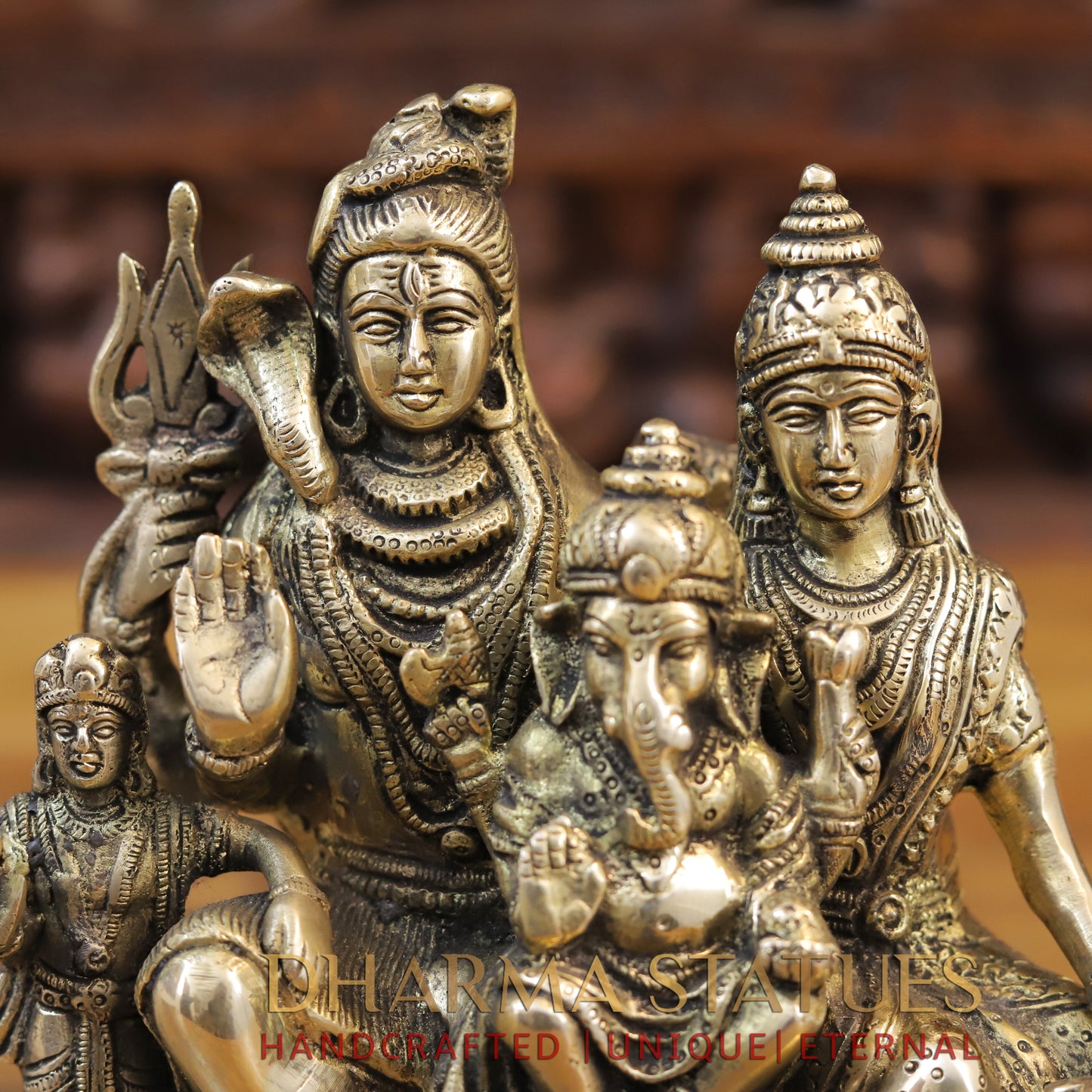 Brass Shiv Parivar Statue, Antique Golden Finish 8.5"