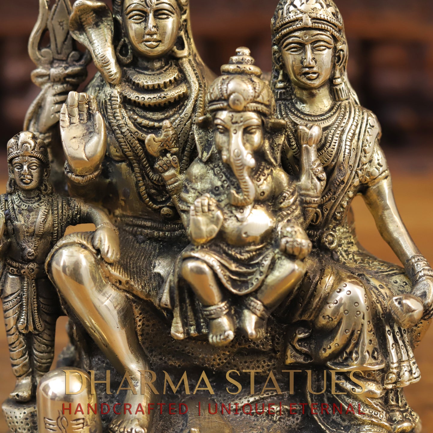 Brass Shiv Parivar Statue, Antique Golden Finish 8.5"