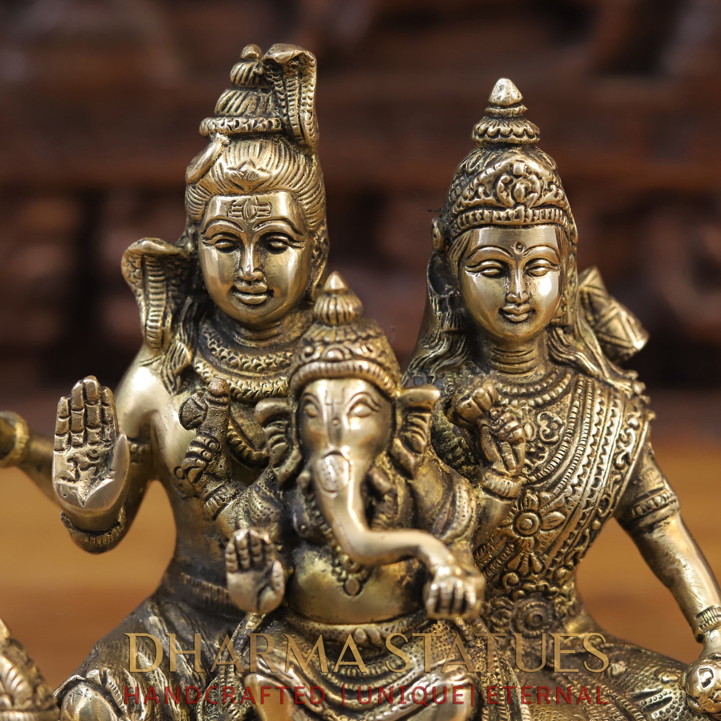 Brass Shiv Parivar Idol, Fine Golden Work 9.5"