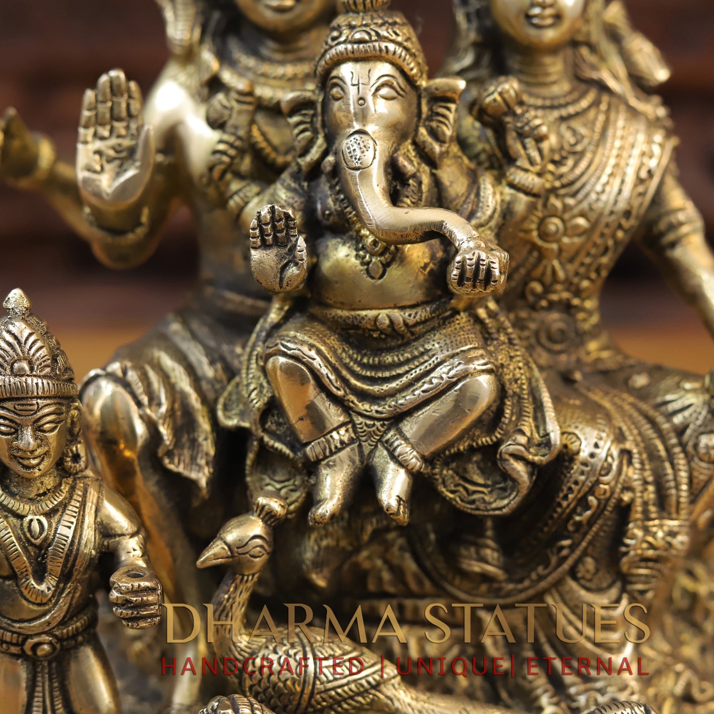 Brass Shiv Parivar Idol, Fine Golden Work 9.5"