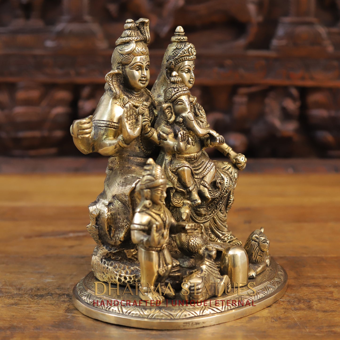 Brass Shiv Parivar Idol, Fine Golden Work 9.5"