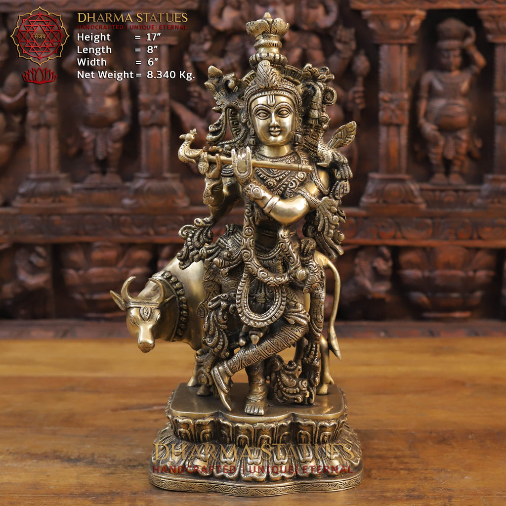 Brass Cow Krishna a Beautiful Idol of Superfine Quality in Brass Krishna. 17" Front View