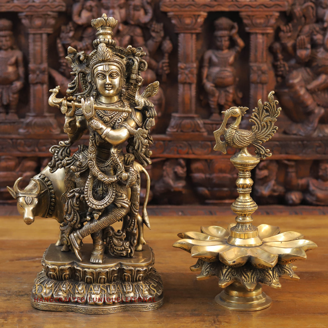 Brass Krishna With Cow, Divine Shepherd, Fine Gold,  17"