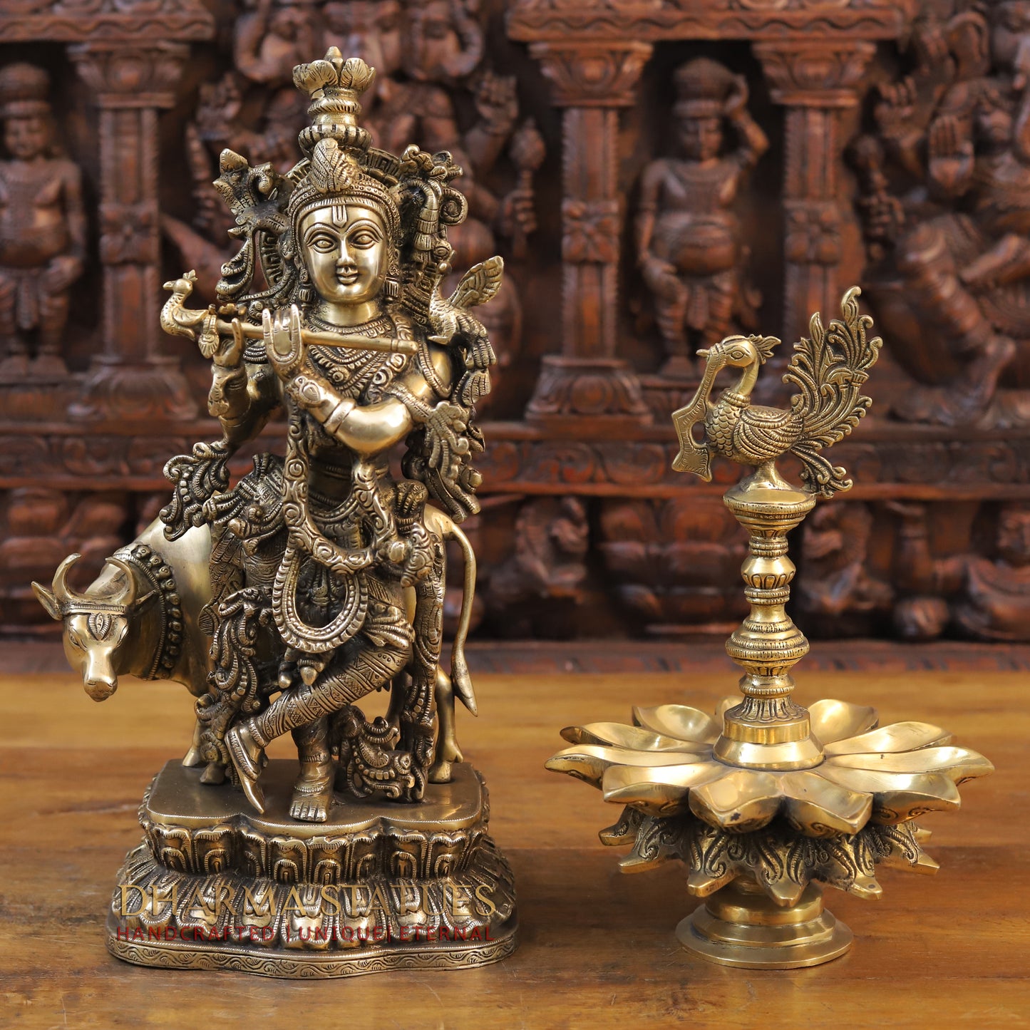 Brass Krishna Statue with cow, Playing Flute, Fine Golden Finish 17"