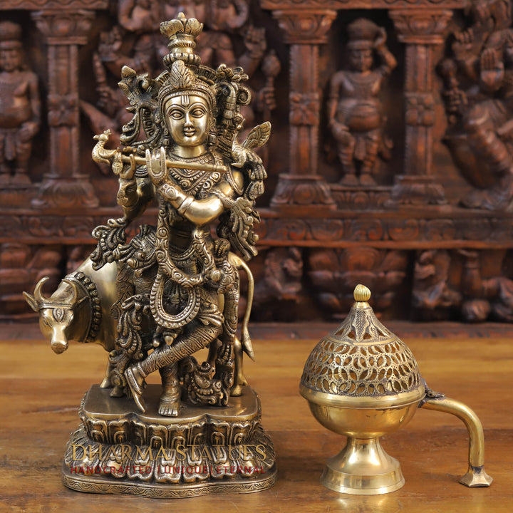 Brass Krishna With Cow, Divine Shepherd, Fine Gold,  17"