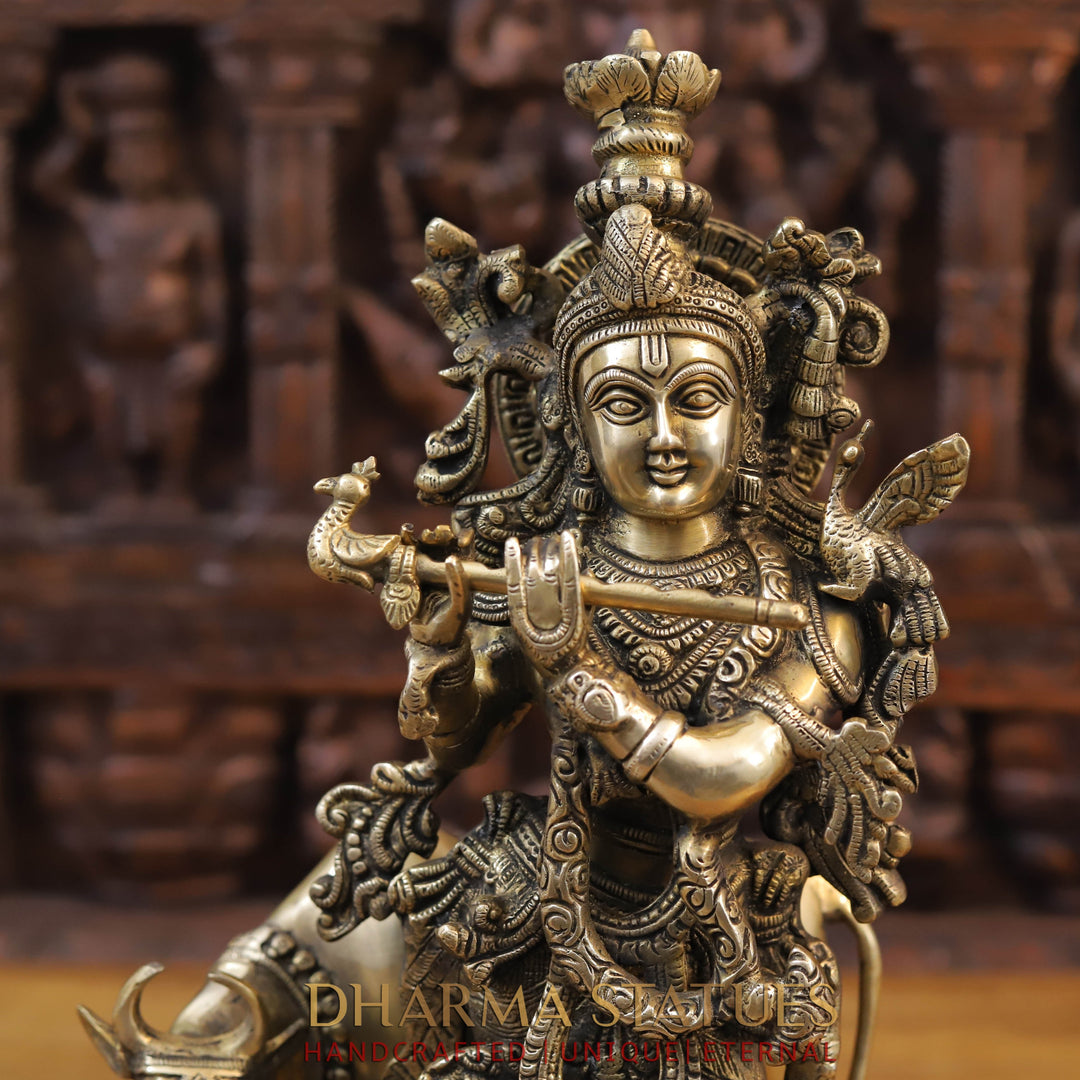 Brass Krishna With Cow, Divine Shepherd, Fine Gold,  17"