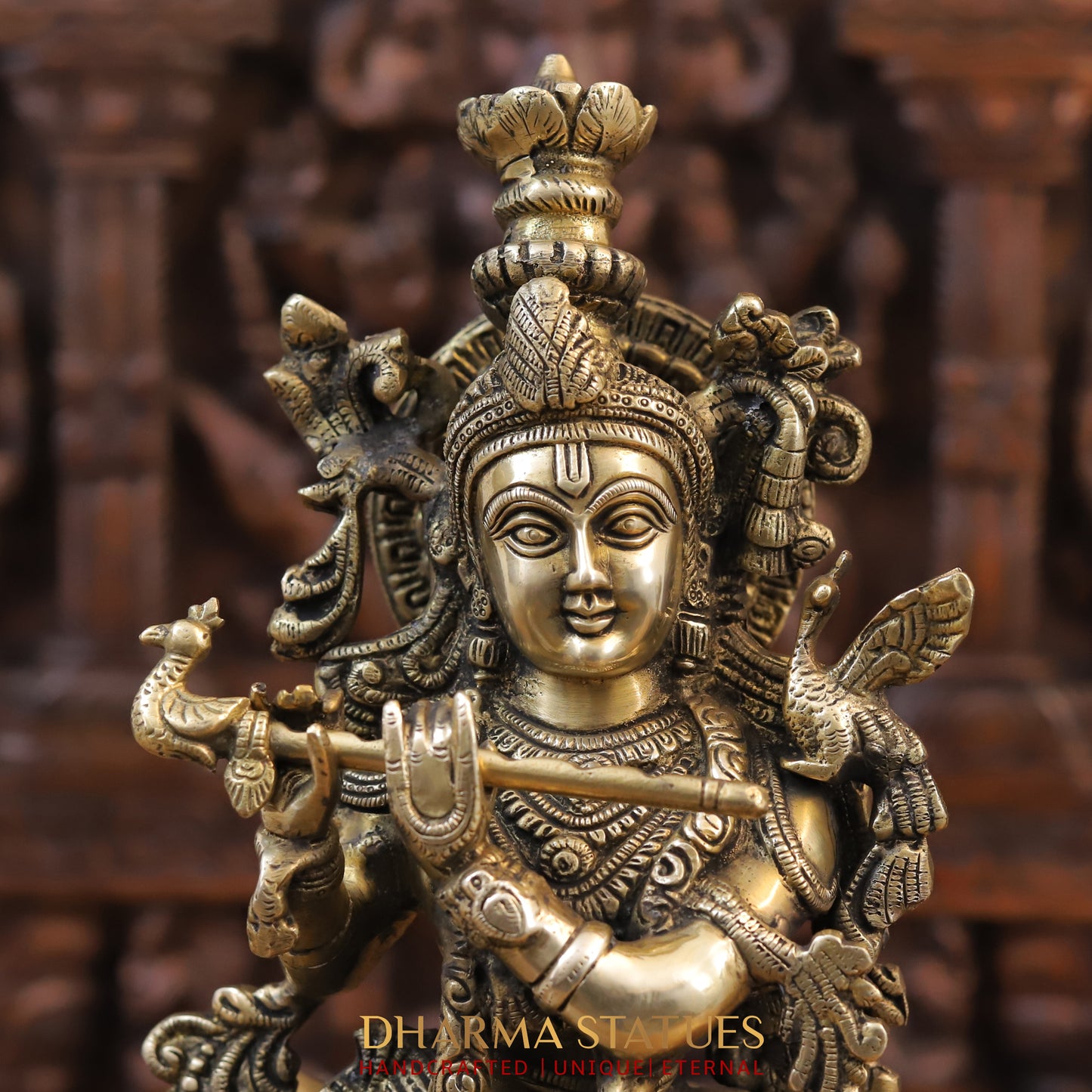 Brass Krishna Statue with cow, Playing Flute, Fine Golden Finish 17"
