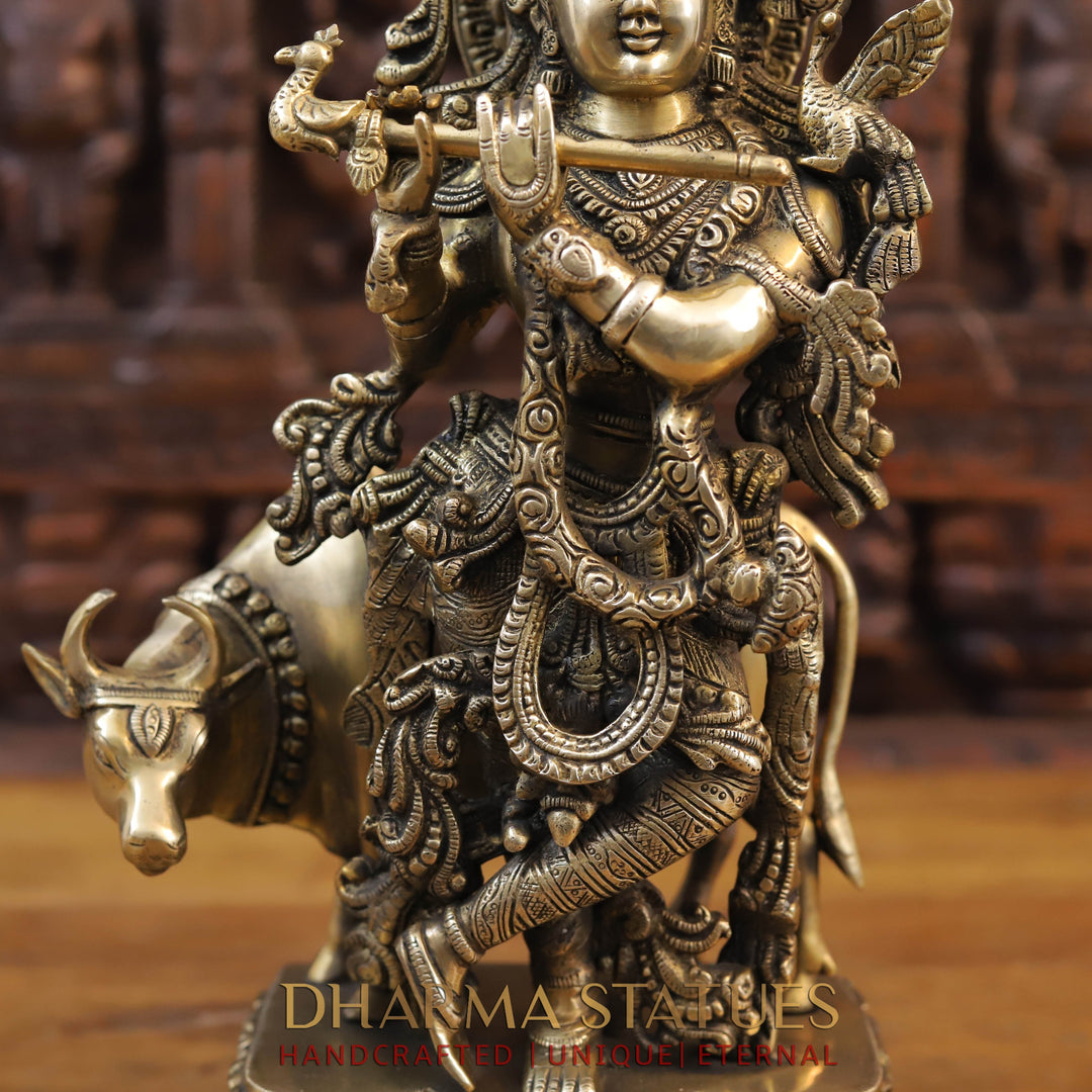 Brass Krishna With Cow, Divine Shepherd, Fine Gold,  17"