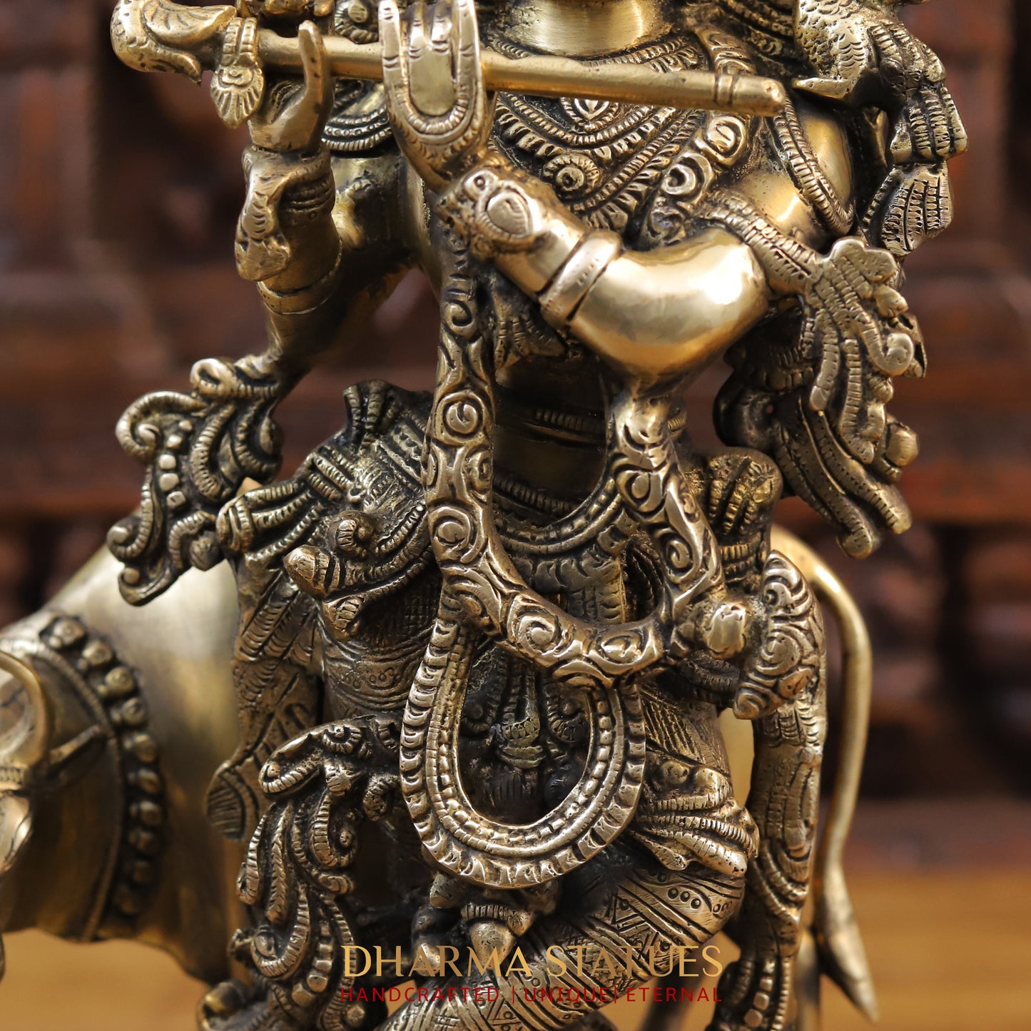 Brass Krishna Statue with cow, Playing Flute, Fine Golden Finish 17"
