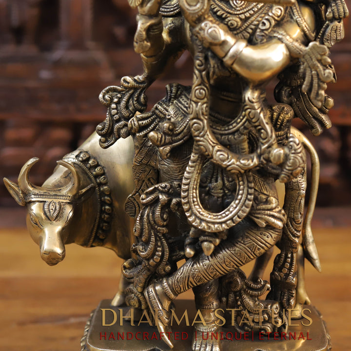 Brass Krishna With Cow, Divine Shepherd, Fine Gold,  17"