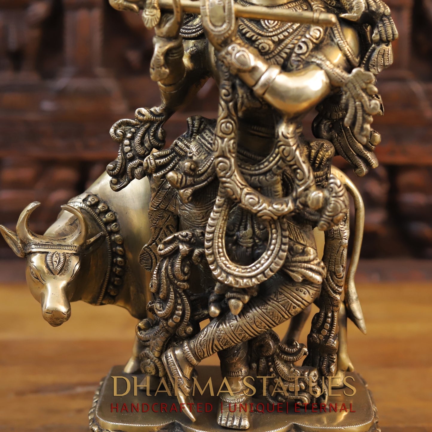 Brass Krishna Statue with cow, Playing Flute, Fine Golden Finish 17"