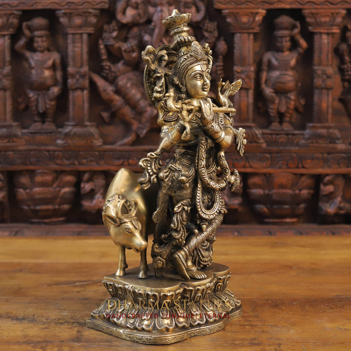 Brass Krishna With Cow, Divine Shepherd, Fine Gold,  17"