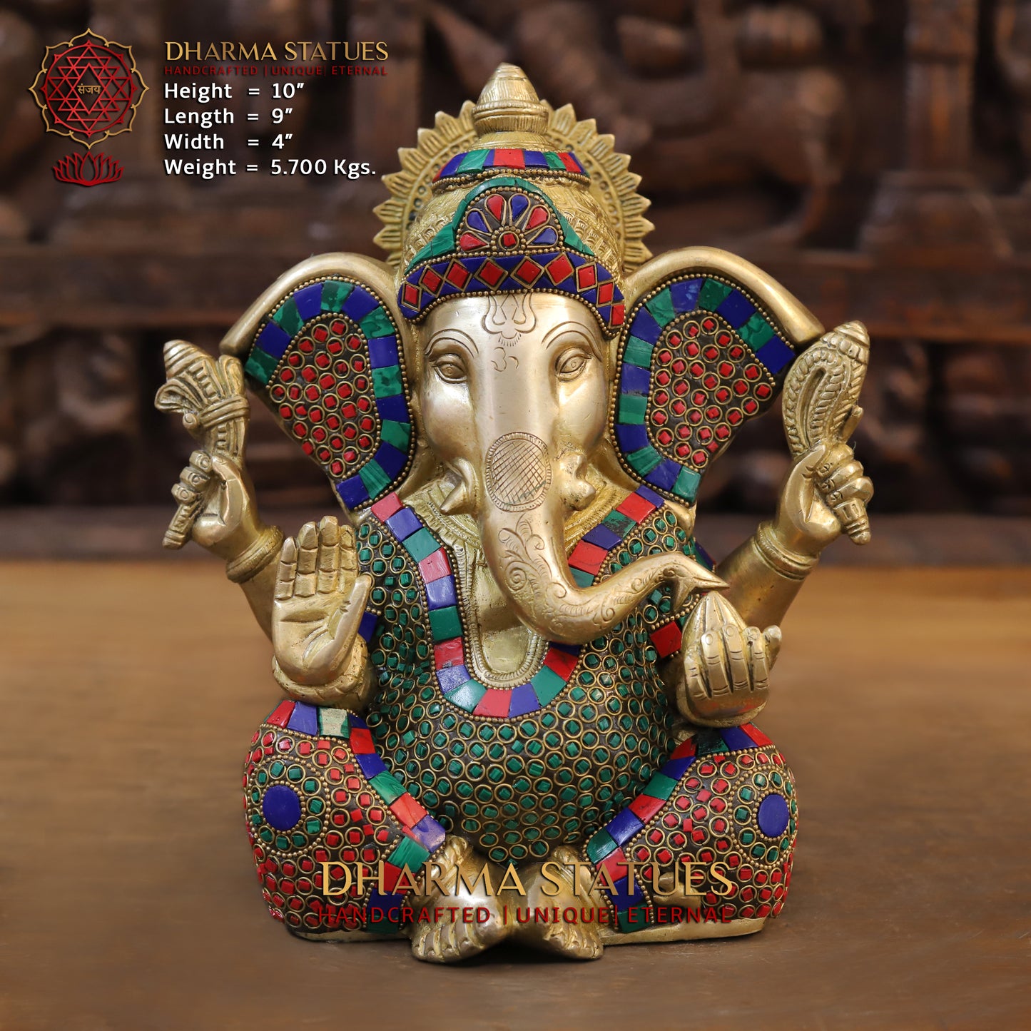 Brass Ganesh seated, Blessing Posture, Golden & Stonework, 10"