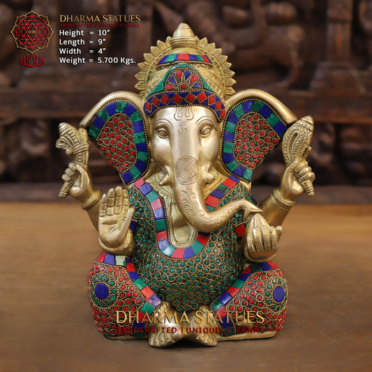 Brass Ganesh seated, Blessing Posture, Golden & Stonework, 10"
