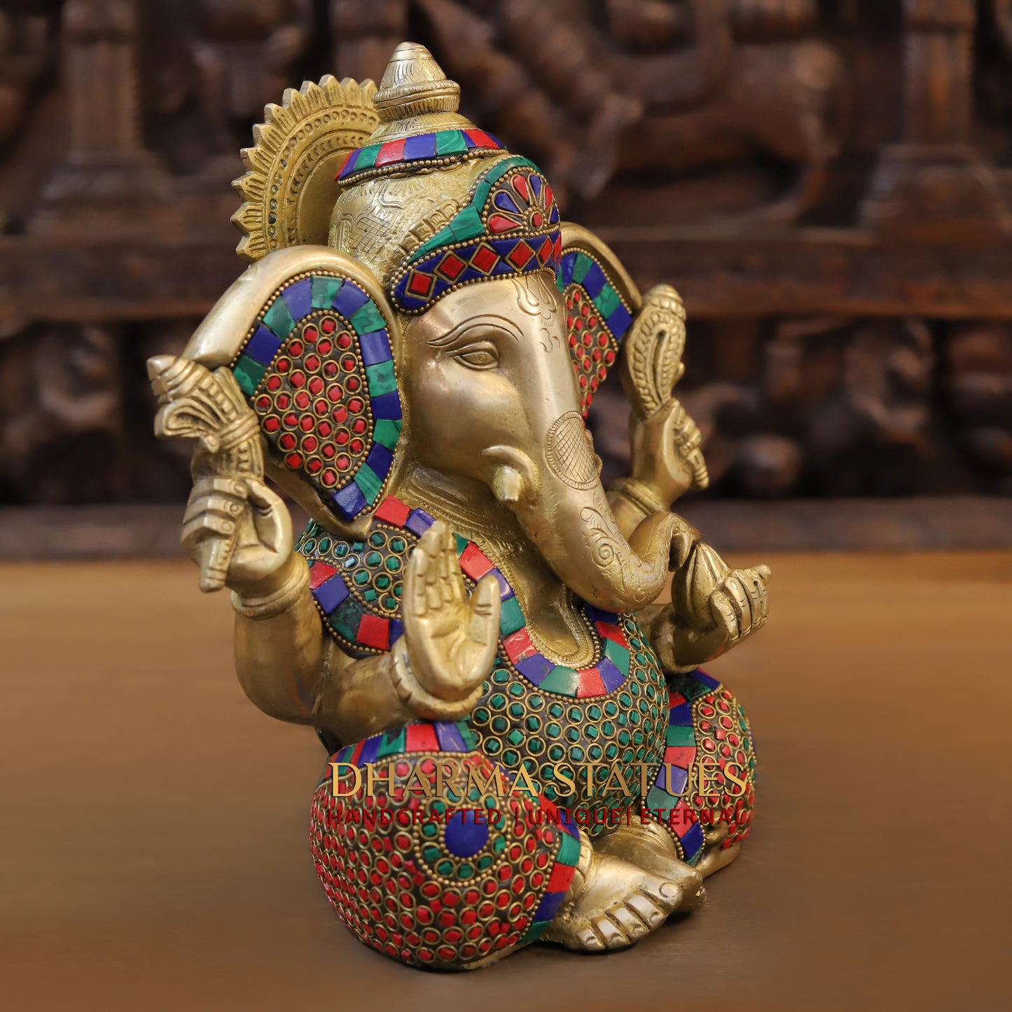 Brass Ganesh seated, Blessing Posture, Golden & Stonework, 10"