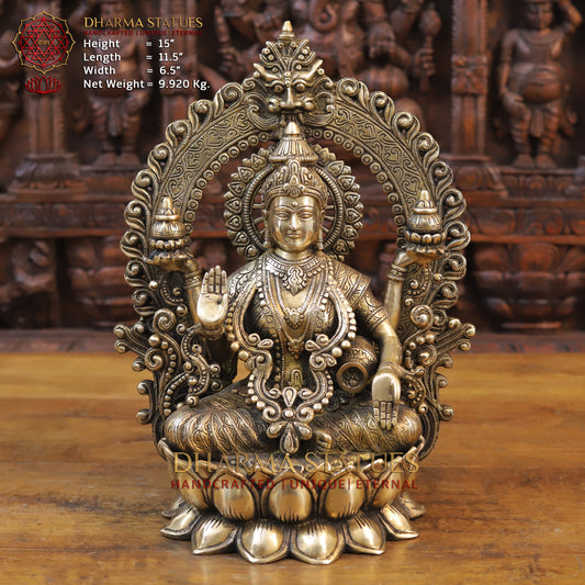 Brass Lakshmi Statue, Seated on a Lotus, Fine Golden Finish 15"