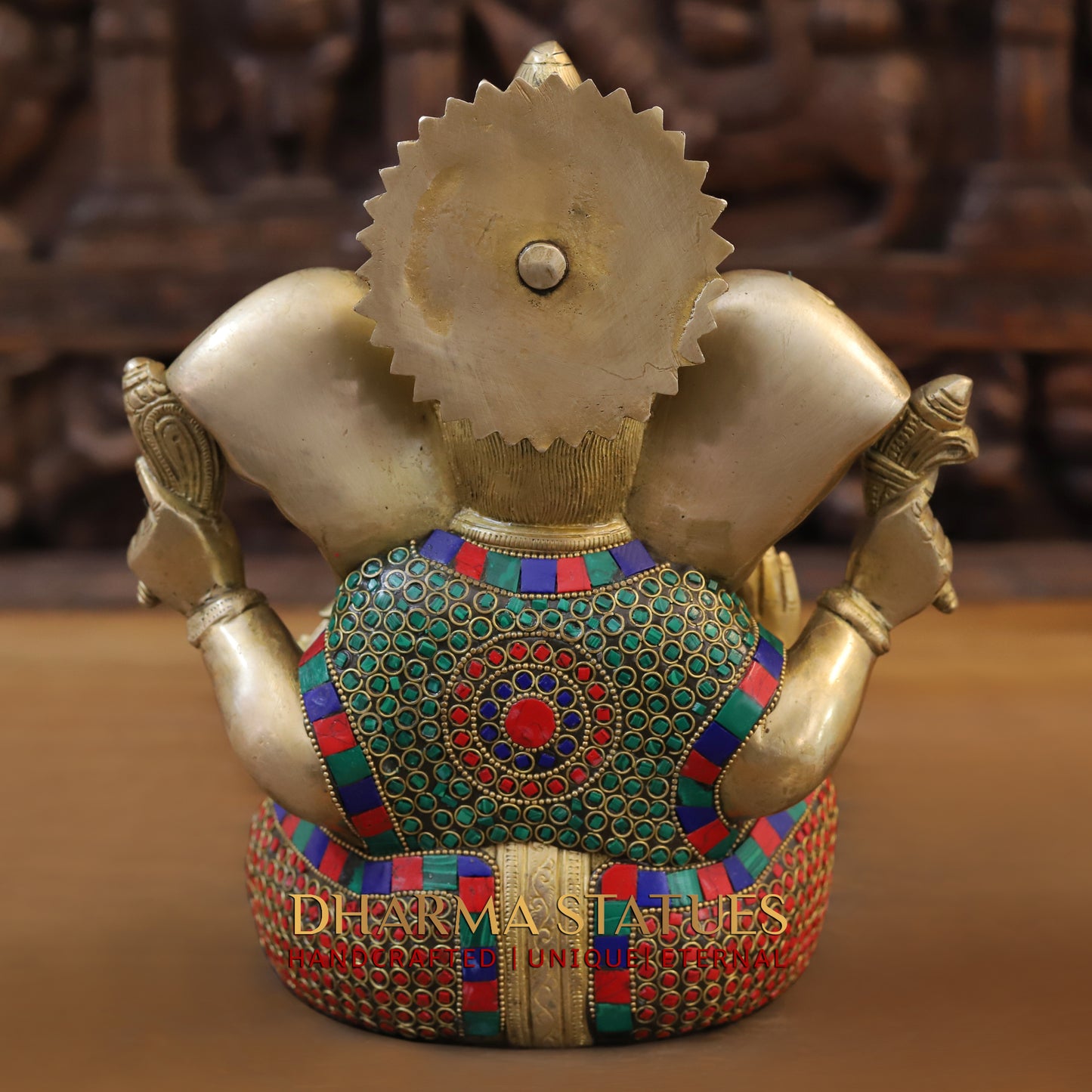 Brass Ganesh seated, Blessing Posture, Golden & Stonework, 10"