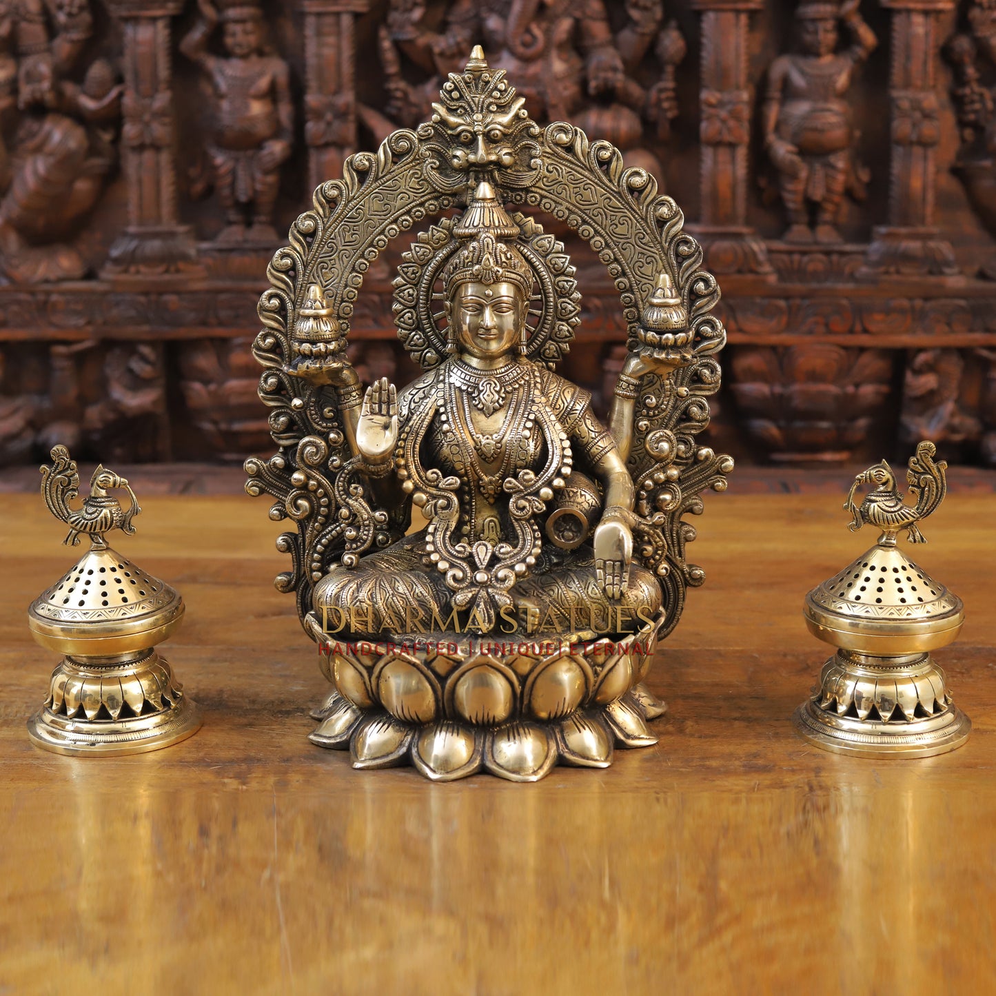 Brass Lakshmi Statue, Seated on a Lotus, Fine Golden Finish 15"
