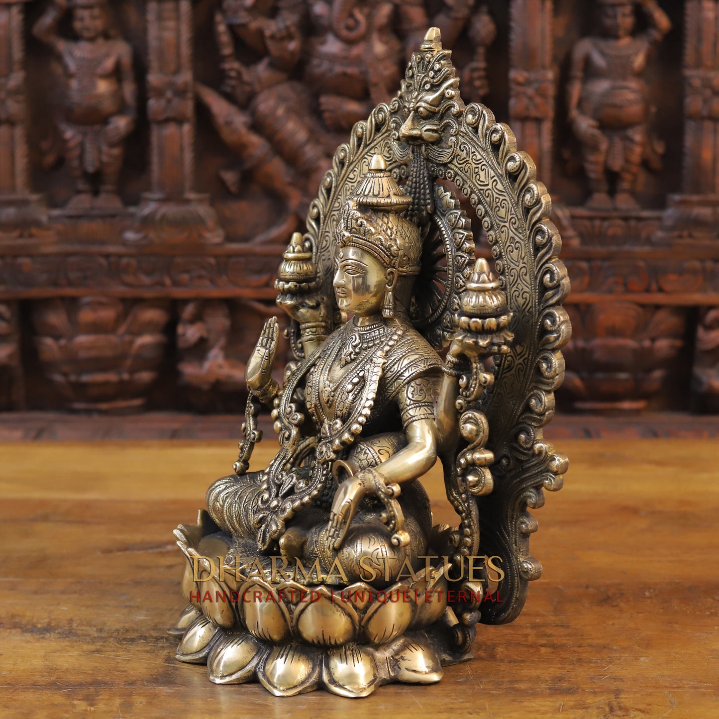 Brass Lakshmi Statue, Seated on a Lotus, Fine Golden Finish 15"