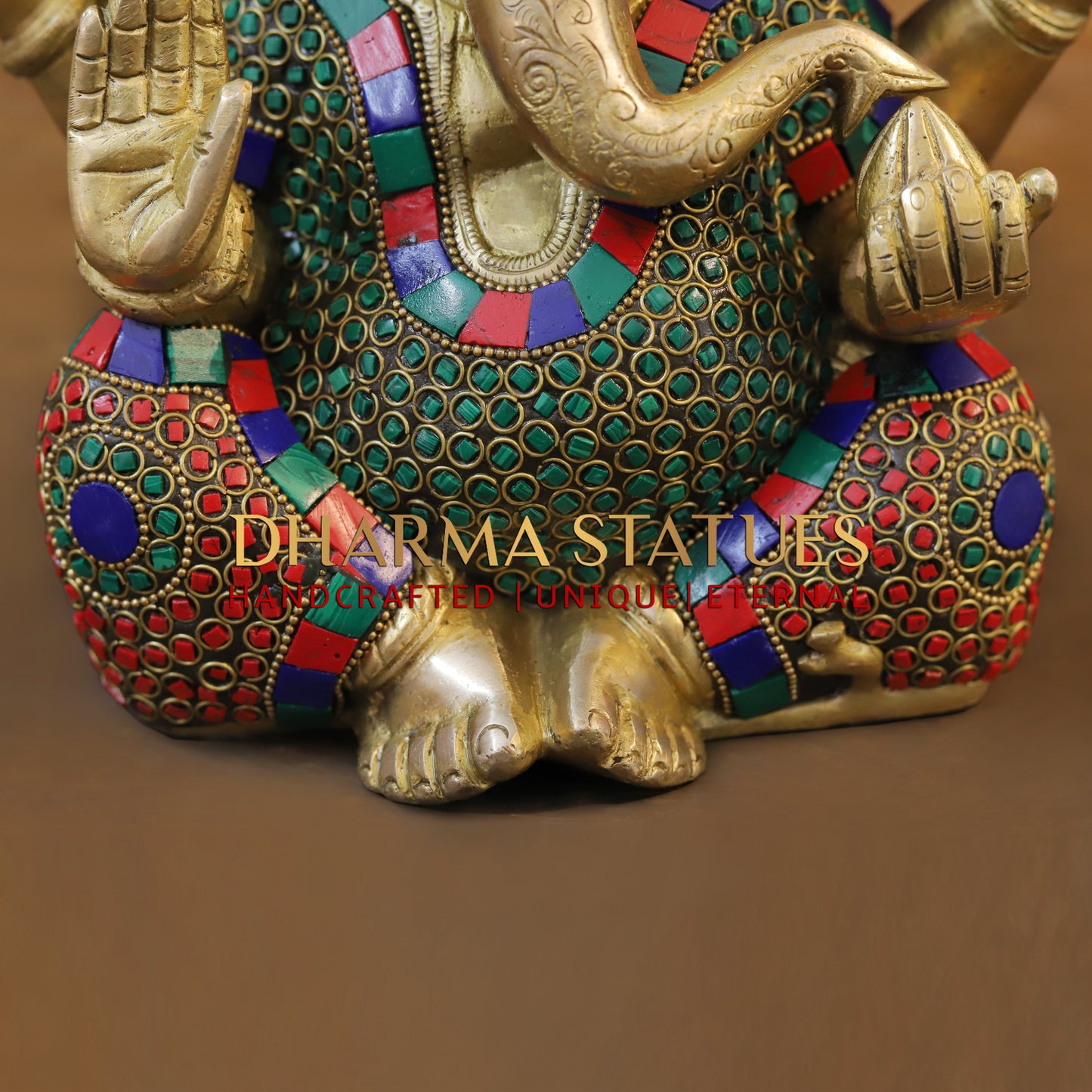 Brass Ganesh seated, Blessing Posture, Golden & Stonework, 10"