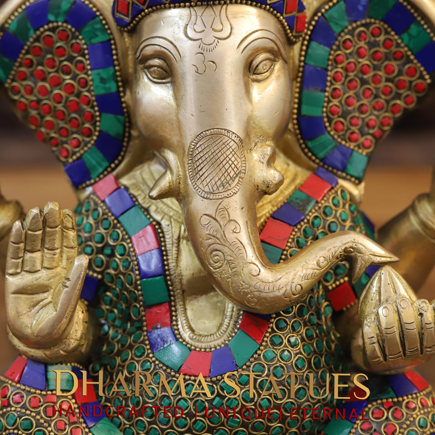 Brass Ganesh seated, Blessing Posture, Golden & Stonework, 10"