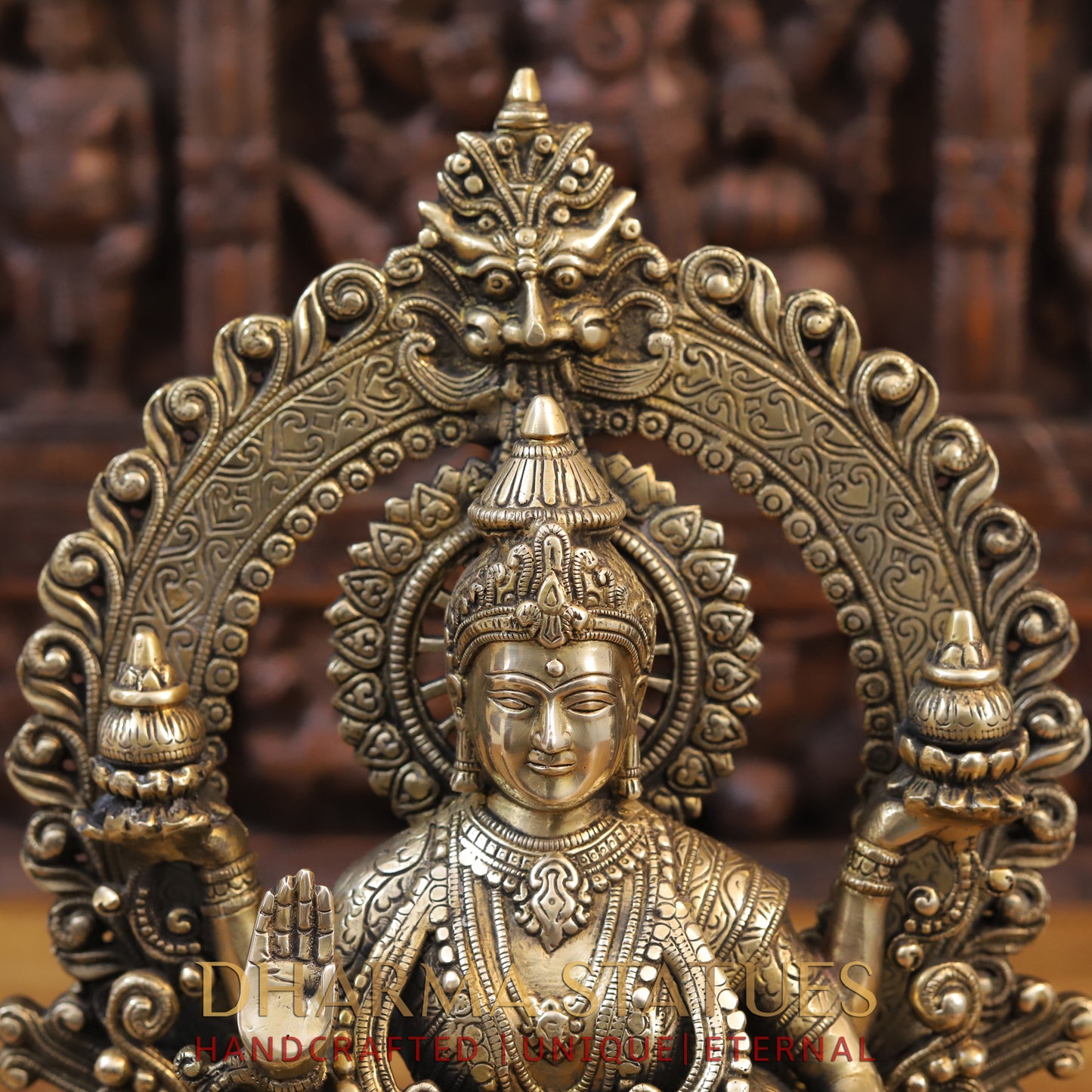 Brass Lakshmi Statue, Seated on a Lotus, Fine Golden Finish 15"